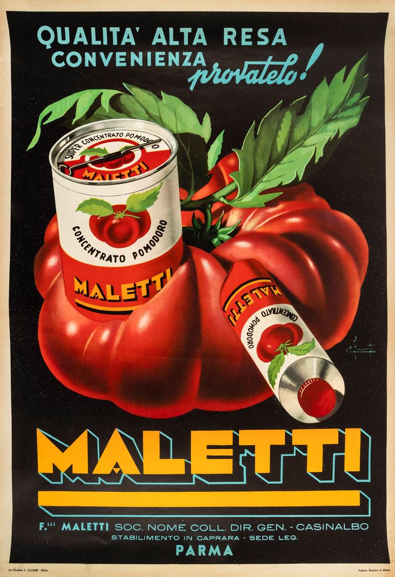 Ferrante E. : Maletti - concentrato di pomodoro.  - Asta POP Culture e Manifesti d'epoca - Cambi Casa d'Aste
