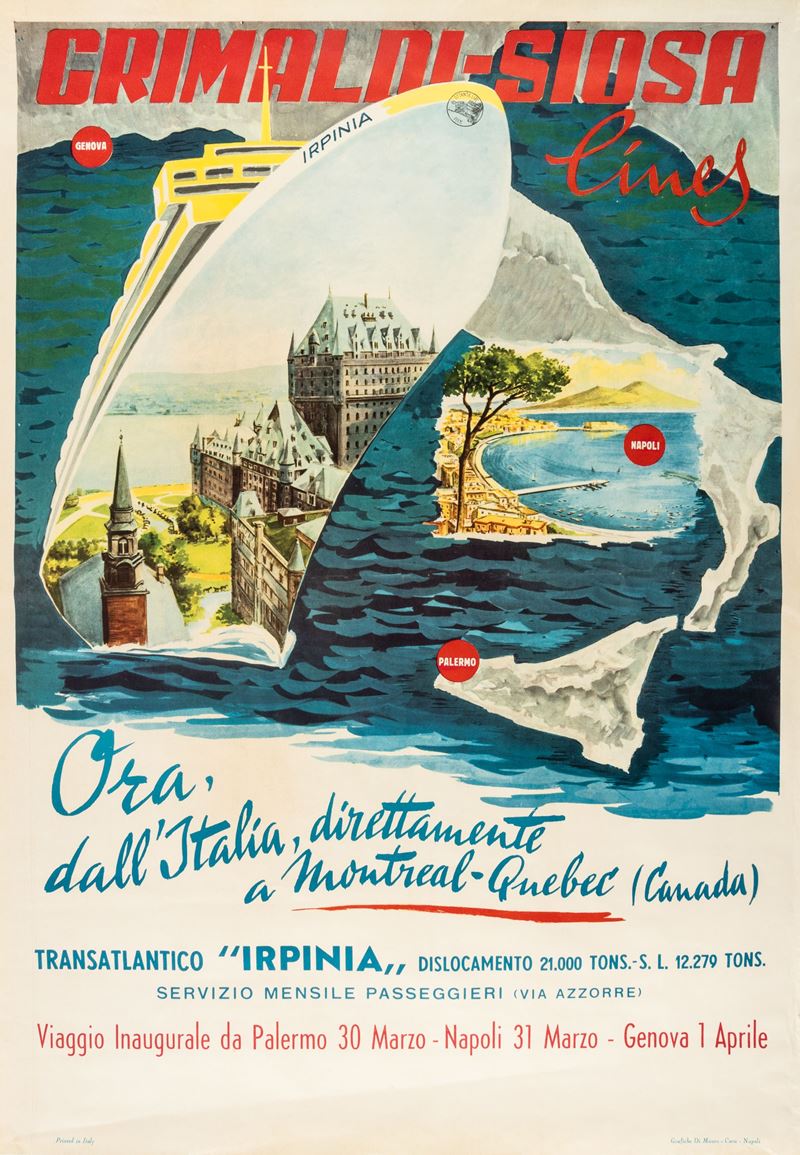 Freeman : Grimaldi Siosa Lines, Transatrantico Irpinia. Italia - Canada.  - Auction POP Culture and Vintage Posters - Cambi Casa d'Aste
