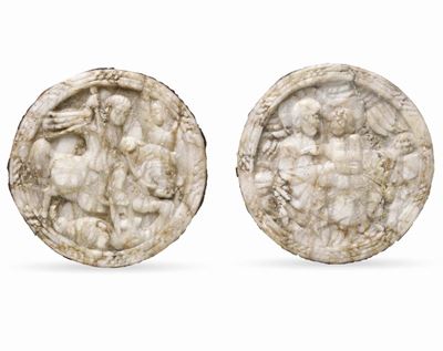 Coppia di Bassorilievi Raffiguranti San Giorgio e Scena Religiosa. Scultore D'oltralpe del XVI Se...