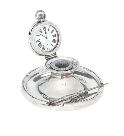 Calamaio con Orologio. Birmingham 1913. Marchio Dell'argentiere Consunto (porta Pennino Non Perti...