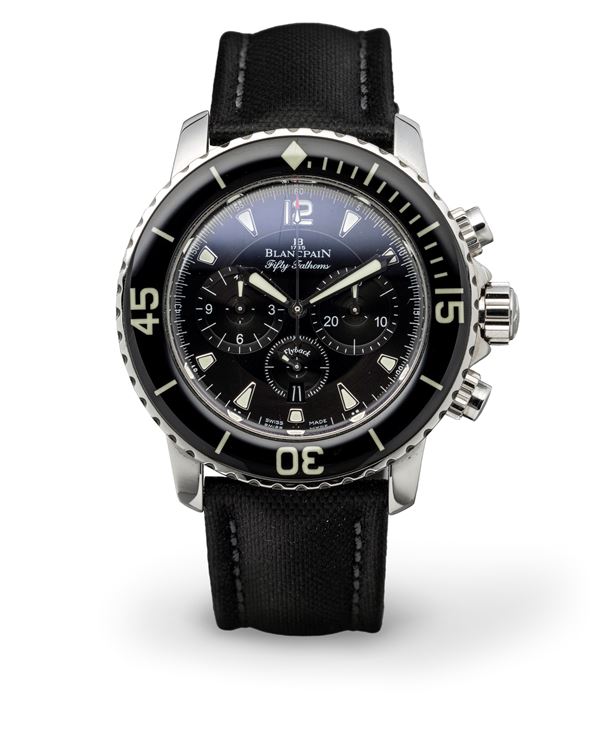 Blancpain - Attraente orologio subacqueo Fifty Fathoms, in acciaio inossidabile, a carica automatica con tre contatori, scatola e garanzia