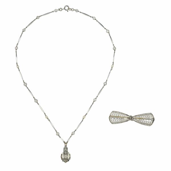 Cultured pearl and diamond necklace and brooch