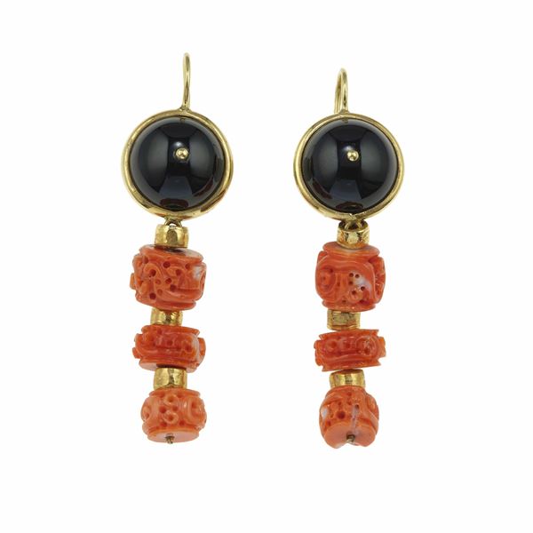 Pair of onyx, coral and gold earrings