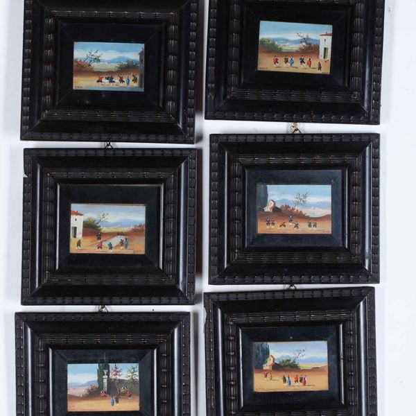 Lotto composto da sei dipinti con scene ottocentesche