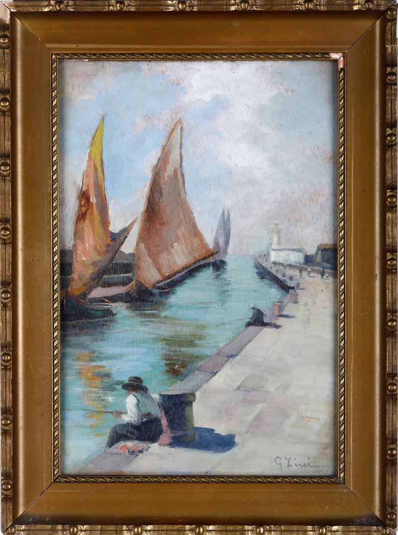 G. Zini Veduta di porto con barca  - Asta Dipinti del XIX-XX secolo - Cambi Casa d'Aste