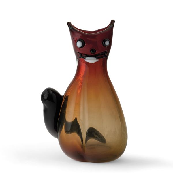 Figura di gatto in vetro con applicazioni di occhi e baffi lattimo e nere