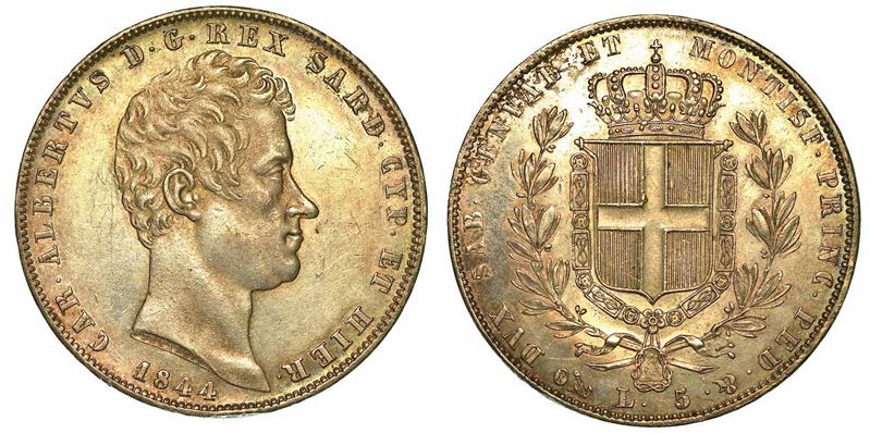REGNO DI SARDEGNA. CARLO ALBERTO DI SAVOIA, 1831-1849. 5 Lire 1844. Genova.  - Auction Numismatics - I - Cambi Casa d'Aste