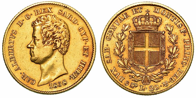 REGNO DI SARDEGNA. CARLO ALBERTO DI SAVOIA, 1831-1849. 20 Lire 1838. Torino.  - Auction Numismatics - I - Cambi Casa d'Aste