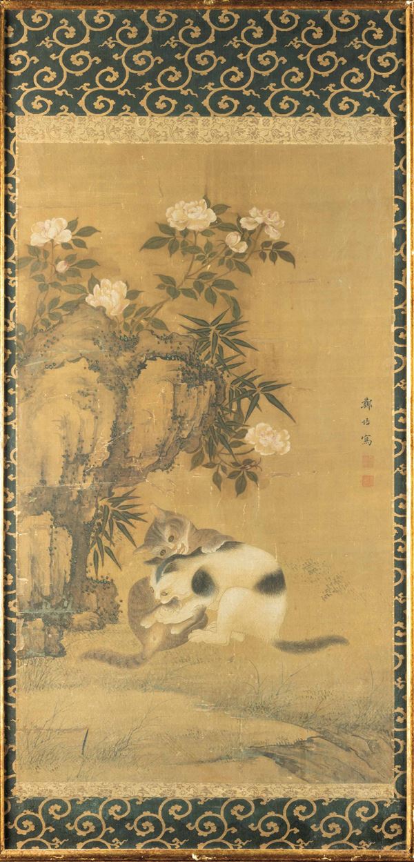 Dipinto su carta raffigurante gattini che giocano e iscrizione, Cina, Dinastia Qing, XIX secolo