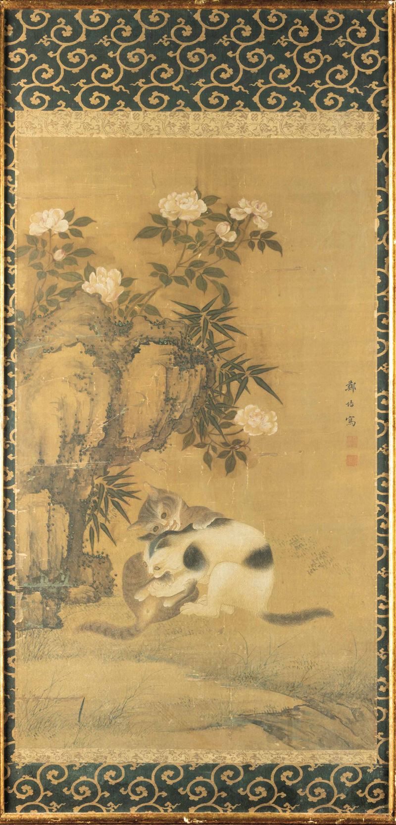 Dipinto su carta raffigurante gattini che giocano e iscrizione, Cina, Dinastia Qing, XIX secolo  - Asta Fine Chinese Works of Art - Cambi Casa d'Aste