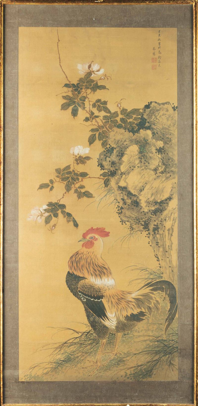 Dipinto su seta raffigurante galletto e iscrizione, Cina, Dinastia Qing, XIX secolo  - Asta Fine Chinese Works of Art - Cambi Casa d'Aste
