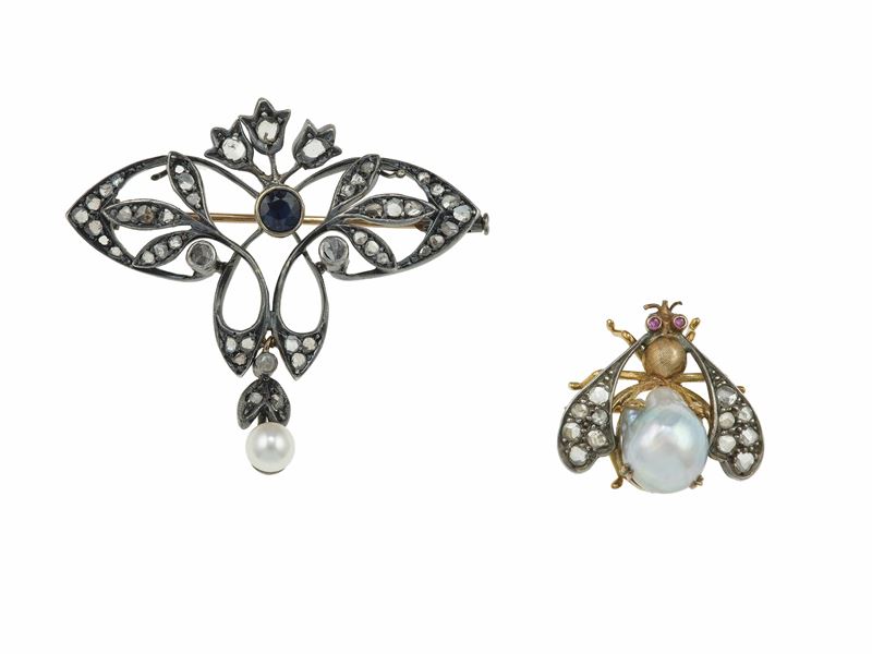 Two brooch with diamonds and pearls  - Auction Jewels - Cambi Casa d'Aste