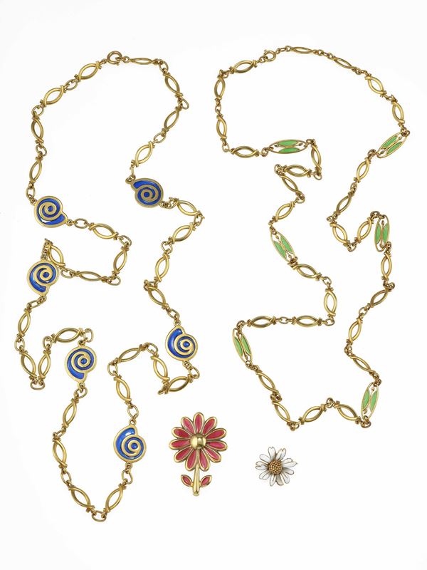 Group of two long necklace and two brooch with enamels