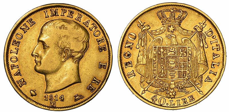 MILANO. NAPOLEONE I, 1805-1814. 40 Lire 1814 (Puntali sagomati).  - Auction Numismatics - I - Cambi Casa d'Aste