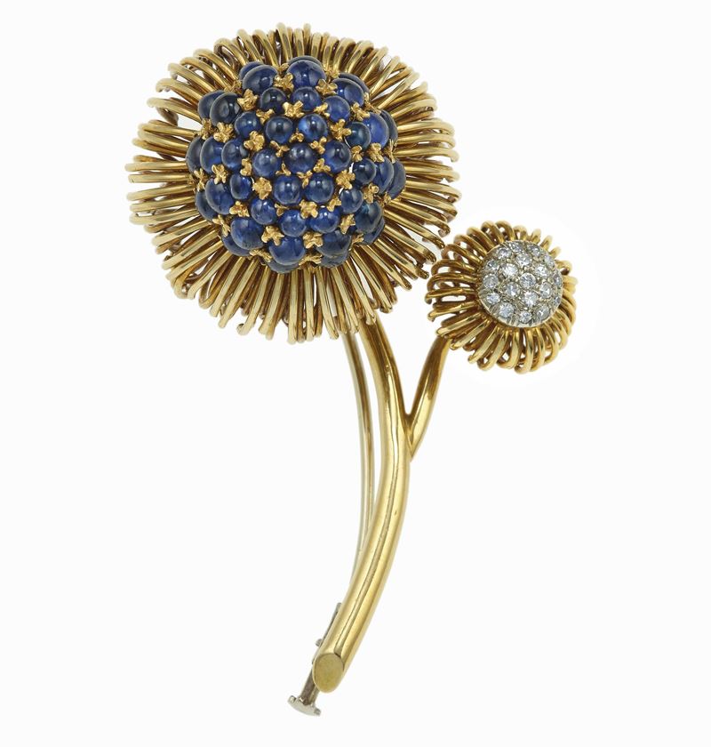 Sapphire, diamond and gold brooch  - Auction Fine Jewels - Cambi Casa d'Aste