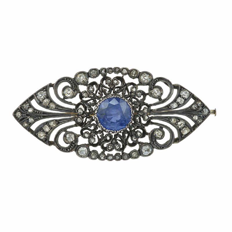 Sapphire, gold and silver brooch  - Auction Fine Jewels - Cambi Casa d'Aste