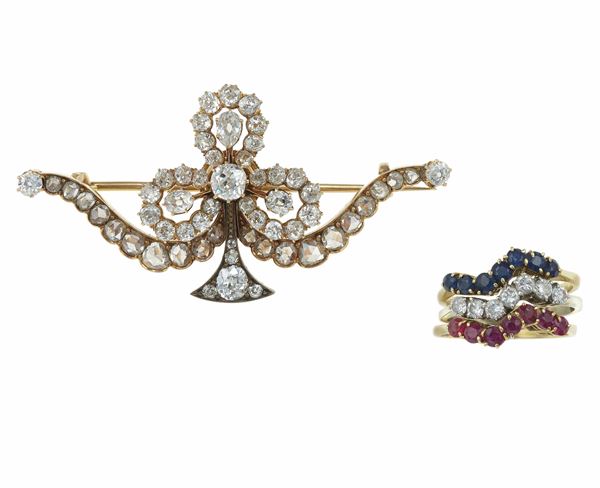 Diamond brooch and three gem-set rings