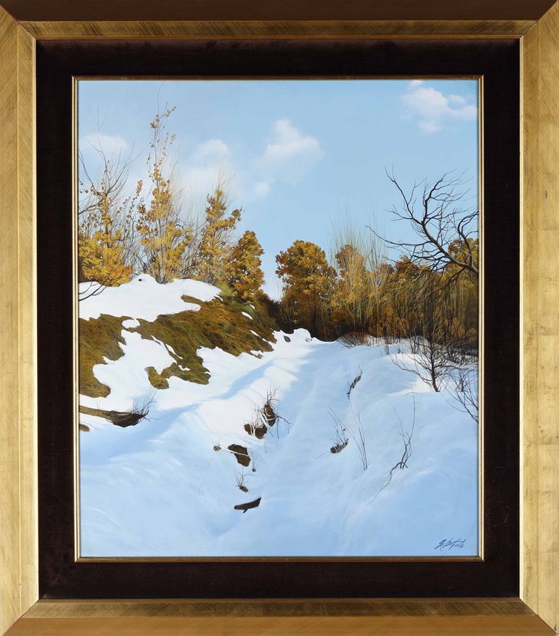 Francesco De Panis : Nevicata a Cassinelle  - olio su tavola - Asta Dipinti del XIX-XX secolo - Cambi Casa d'Aste
