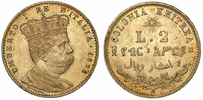 Colonia Eritrea. Umberto i di Savoia, 1890-1896. 2 Lire 1896.