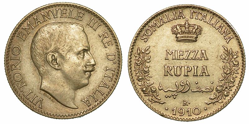 SOMALIA ITALIANA. VITTORIO EMANUELE III DI SAVOIA, 1909-1925. Mezza Rupia 1910.  - Auction Numismatics - I - Cambi Casa d'Aste