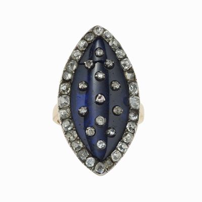 Anello Marquise con Smalto e Diamanti di Vecchio Taglio