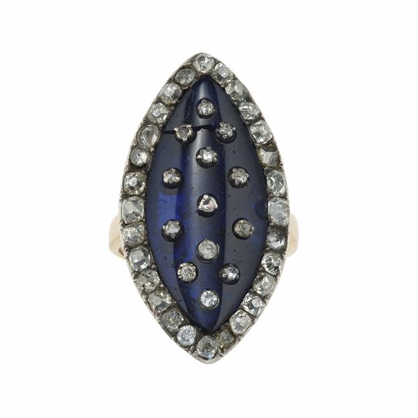 Marquise enamel and old cut diamonds ring