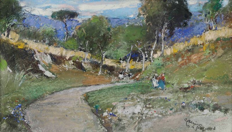 Giuseppe Casciaro : Strada di campagna con viandanti  - Tecnica mista su carta - Auction 19th and 20th Century Paintings - Cambi Casa d'Aste