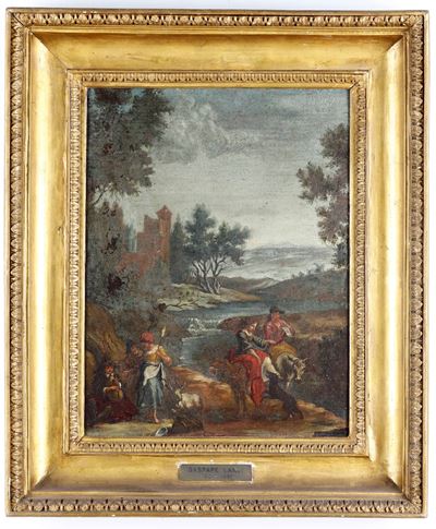 Scuola lombarda del XVIII-XIX secolo, Paesaggio fluviale con viandanti, olio su tela
