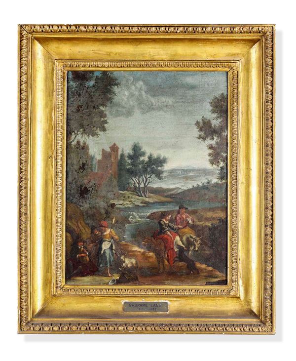 Scuola lombarda del XVIII-XIX secolo Paesaggio fluviale con viandanti