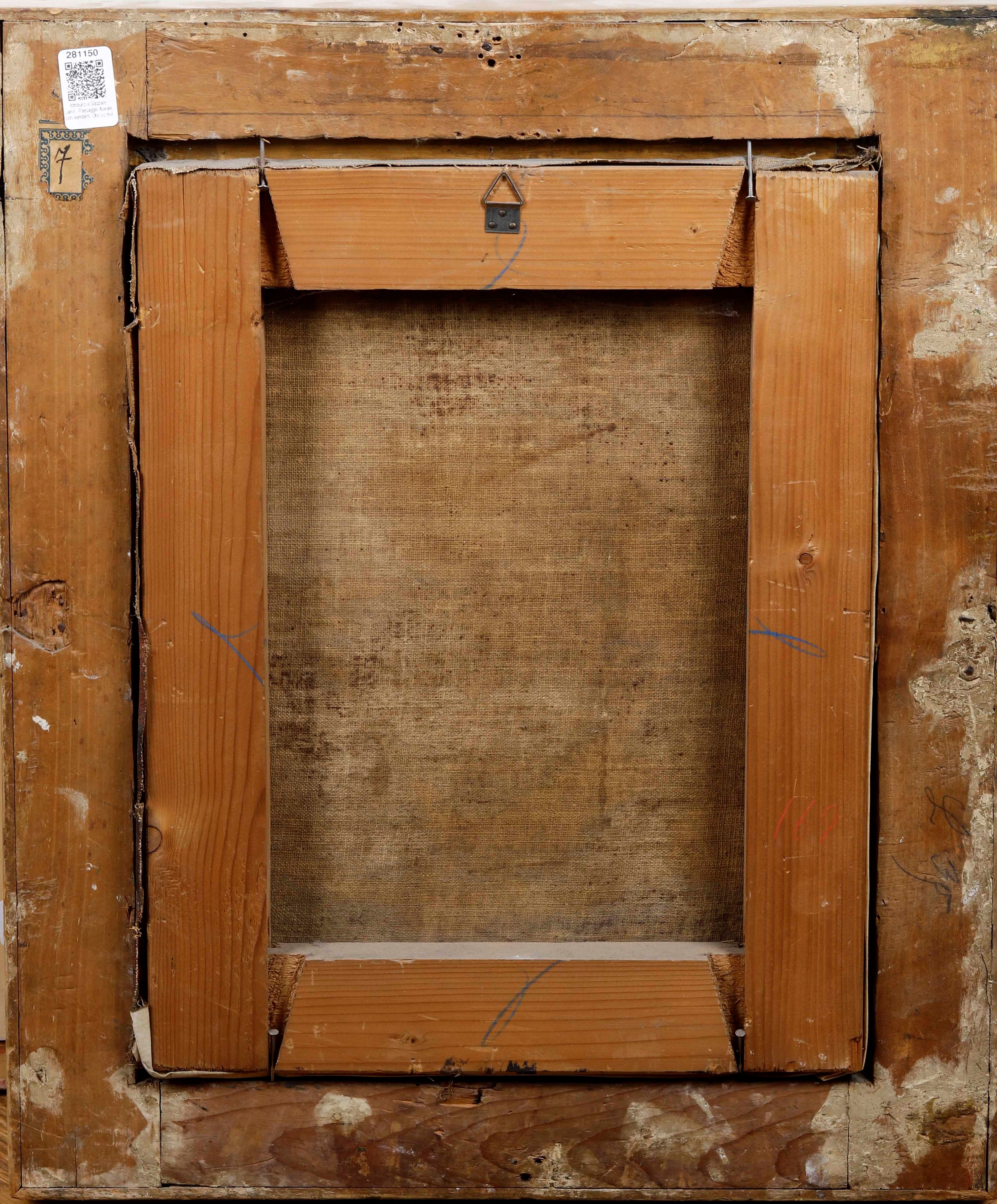 Scuola lombarda del XVIII-XIX secolo, Paesaggio fluviale con viandanti, olio su tela