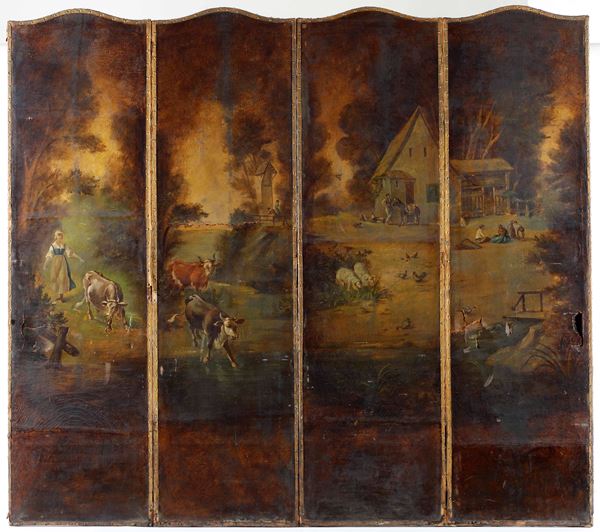 Paravento a quattro ante in cuoio dipinto con paesaggio campestre e figure. Inghilterra o Olanda, XIX secolo