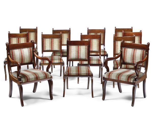Coppia di poltrone e dieci sedie Carlo X in mogano, XIX secolo