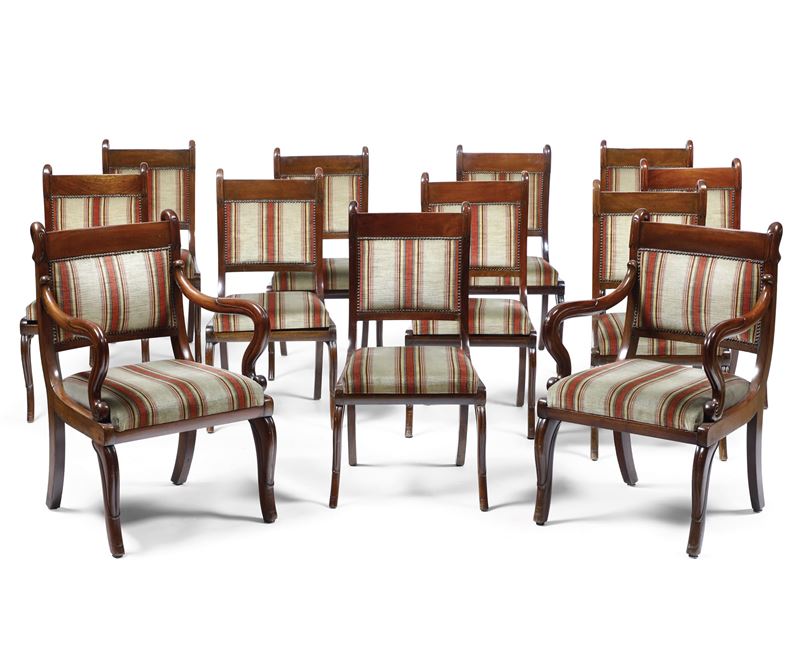 Coppia di poltrone e dieci sedie Carlo X in mogano, XIX secolo  - Asta Antiquariato Luglio - Cambi Casa d'Aste