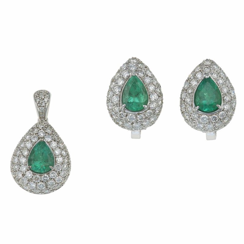 Demi-parure composta da orecchini e pendente con smeraldi Colombia e diamanti  - Asta Fine Jewels - Cambi Casa d'Aste