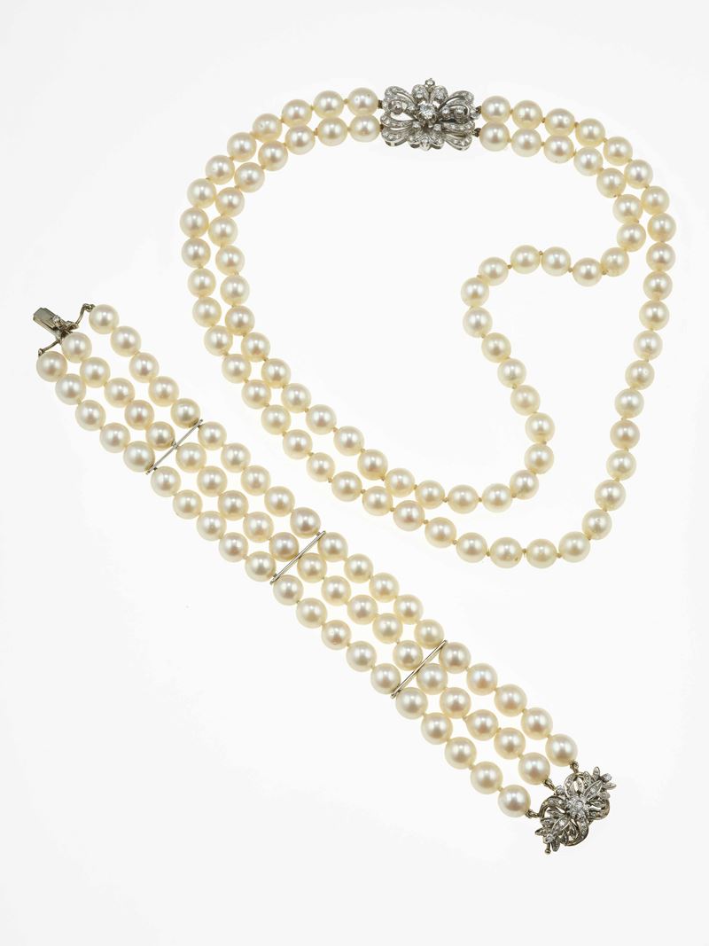 Cultured pearl and diamond demi-parure  - Auction Jewels - Cambi Casa d'Aste