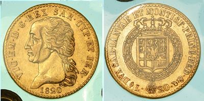 Regno di Sardegna. Vittorio Emanuele i di Savoia, 1802-1821. 20 Lire 1820 (i Tipo). Torino.