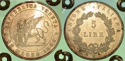 Venezia. Governo Provvisorio di Venezia, 1848-1849. 5 Lire 1848 (i Tipo).