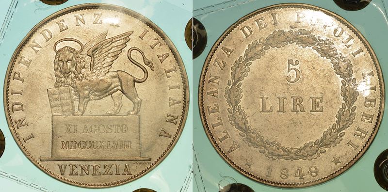 VENEZIA. GOVERNO PROVVISORIO DI VENEZIA, 1848-1849. 5 Lire 1848 (II tipo).  - Auction Numismatics - I - Cambi Casa d'Aste