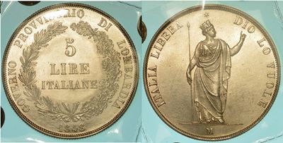 Milano. Governo Provvisorio di Lombardia, 1848. 5 Lire 1848.