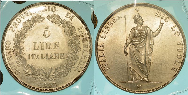 MILANO. GOVERNO PROVVISORIO DI LOMBARDIA, 1848. 5 Lire 1848.  - Auction Numismatics - I - Cambi Casa d'Aste