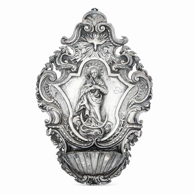 Acquasantiera con Immacolata. Genova, Marchio della "torretta" con Datario (1)76.