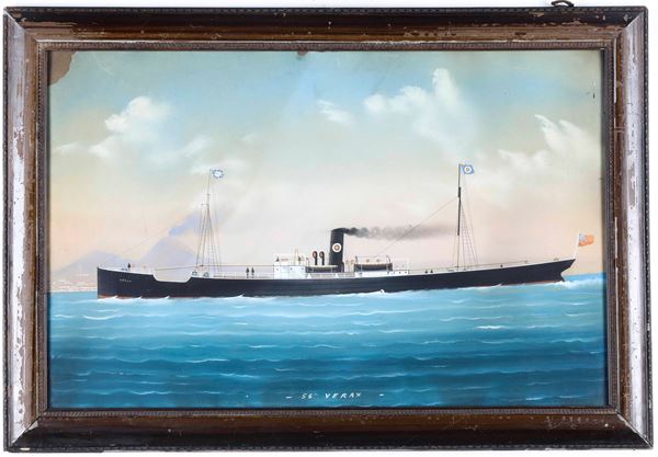 Pittore del XIX-XX secolo Ritratto della S.S. Verax in navigazione davanti al golfo di Napoli