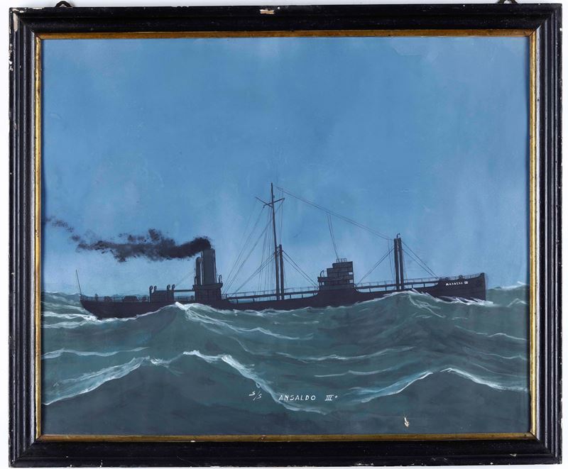 Pittore del XIX-XX secolo Ritratto della S.S. Ansaldo III° in navigazione  - gouache su carta - Asta Arte Marinara - Cambi Casa d'Aste