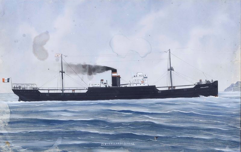 Pittore del XIX-XX secolo Ritratto dello steam yacht Vallarsa, Genova, in navigazione  - goauche su carta - Asta Arte Marinara - Cambi Casa d'Aste