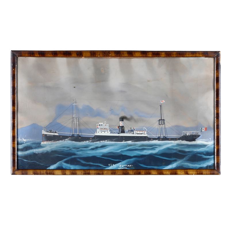 Pittore del XIX-XX secolo Ritratto della S.S. Zeffiro Genova in navigazione davanti al golfo di Napoli  - goauche su carta - Asta Arte Marinara - Cambi Casa d'Aste