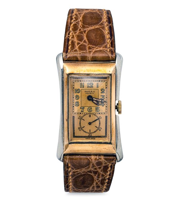 Rolex - Prince Brancard ref 1490 raro ed elegante orologio di forma,  in acciaio e oro rosa, quadrante bitonale "Duo Dial" con numeri Arabi e sfere al radio