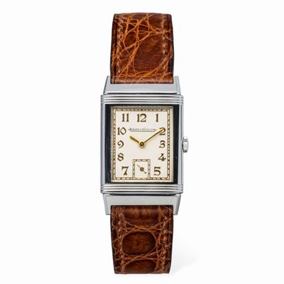 Elegante e Raro Reverso Anni '30 in Acciaio, Quadrante Bianco con Numeri Decò Dorati e Minuteria ...