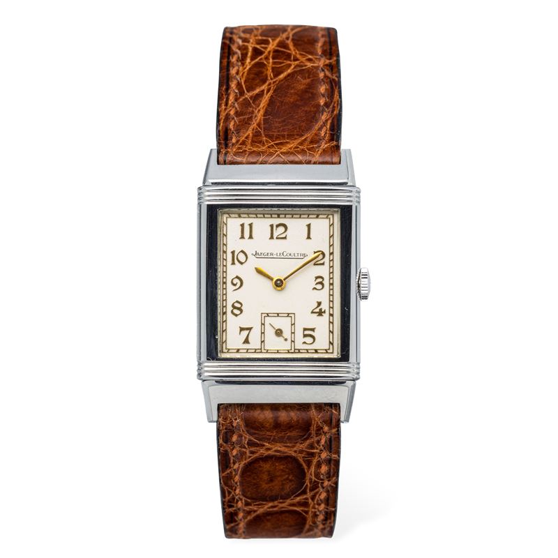 Jaeger-LeCoultre : Elegant and rare 1930s stainless steel Reverso, white dial with gold Decò numerals and Chemin de Fer minuteria, seconds in low manual charge  - Auction Wrist Watches - Cambi Casa d'Aste