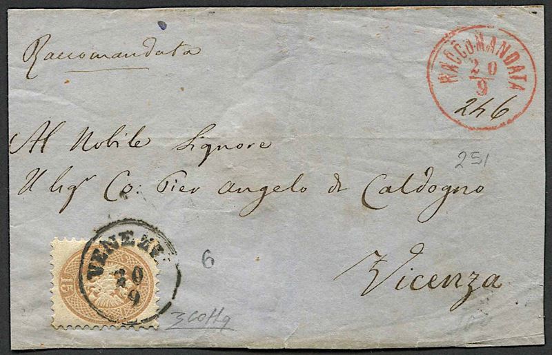 Frontespizio di raccomandata da Venezia (austriaca) per Vicenza (italiana), del 20 settembre 1866  - Auction Postal History and Philately - Cambi Casa d'Aste
