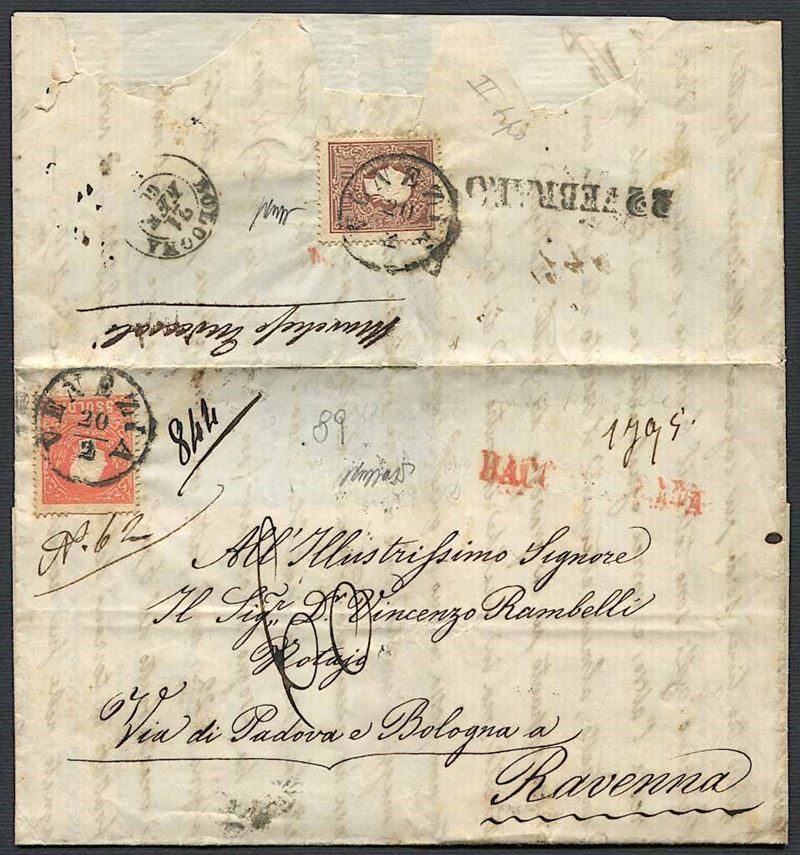 1860, Lombardo Veneto, raccomandata da Venezia per Ravenna del 20 febbraio 1860  - Auction Postal History and Philately - Cambi Casa d'Aste